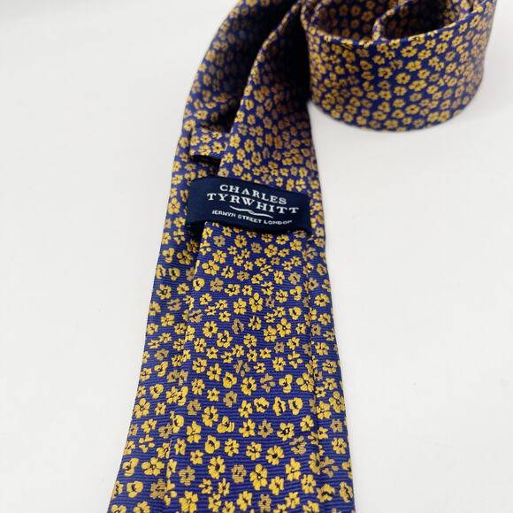 Charles Tyrwhitt of Jermyn St Silk Tie Floral French Blue & Gold - Picture 9 of 10